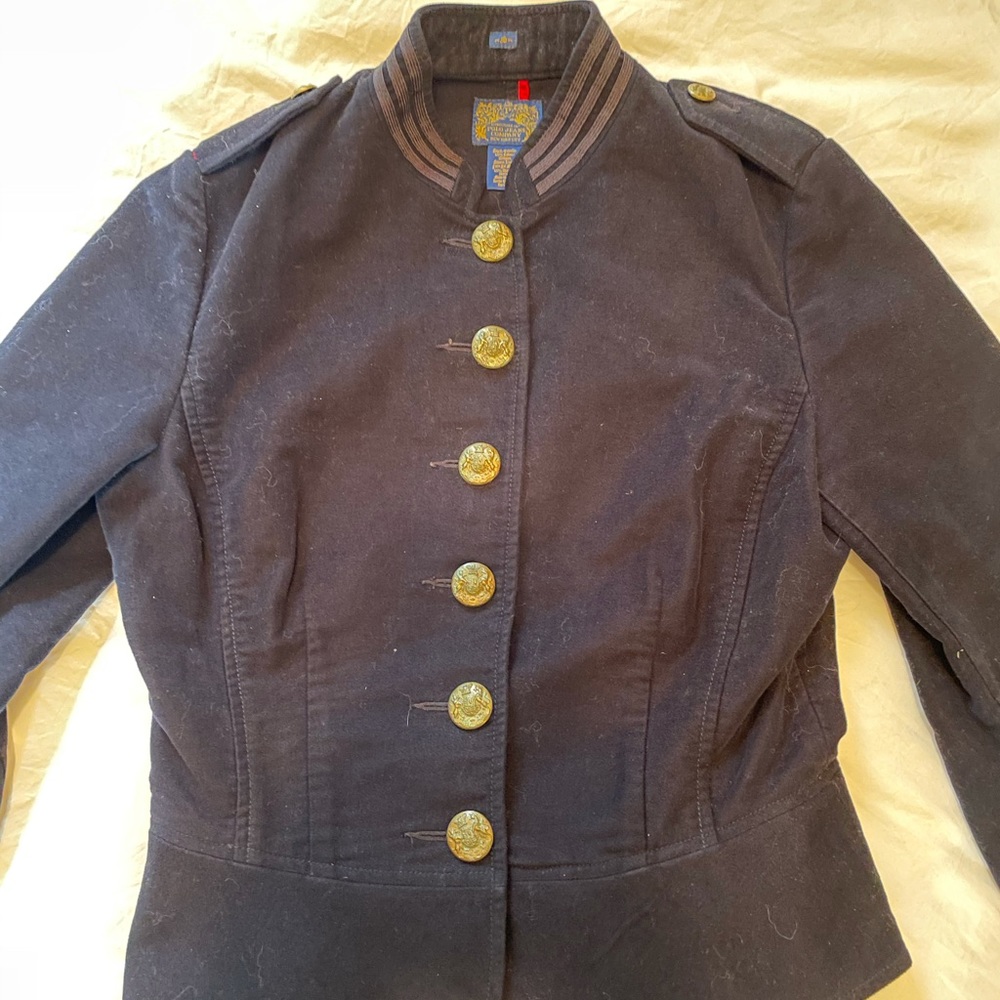 Navy Blue Velvet Polo Military-Style Jacket